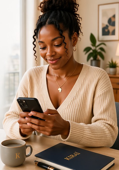Femme utilisant Kiraï sur son téléphone avec un carnet Kiraï sur son bureau